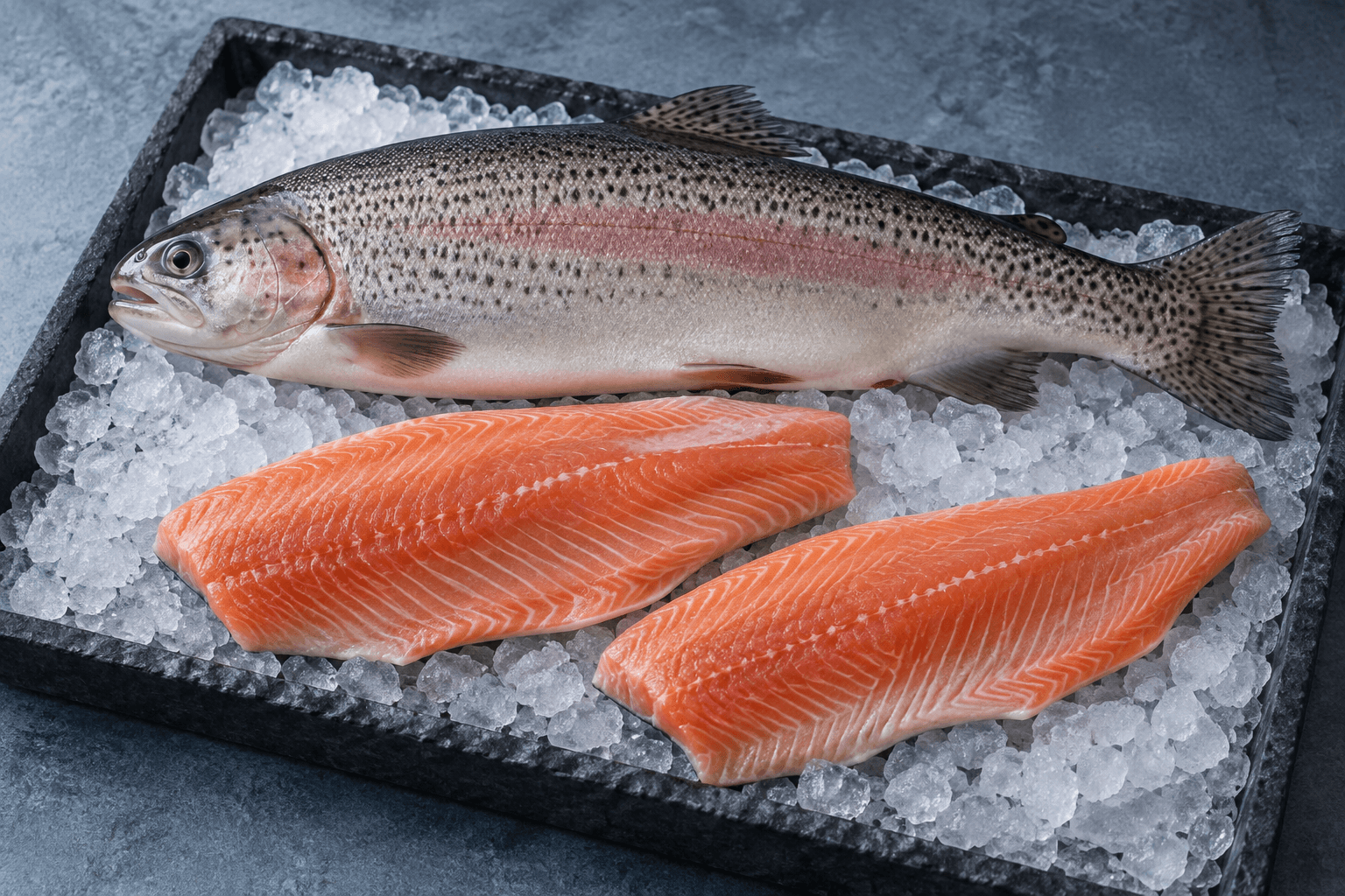 Illustrative rainbow trout and fillet portions on ice
