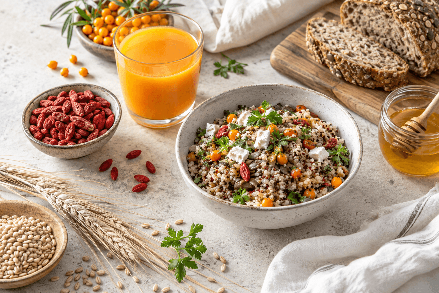 Quinoa salad, goji berries, sea buckthorn juice and honey on a table