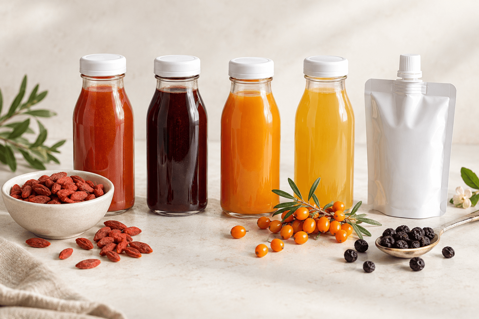 Four fruit juices and a purée pouch, illustrative packaging concepts