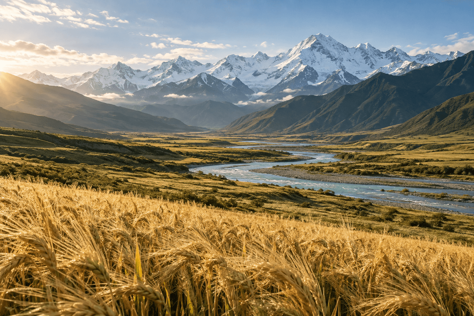 Snow peaks, an open valley and golden grain